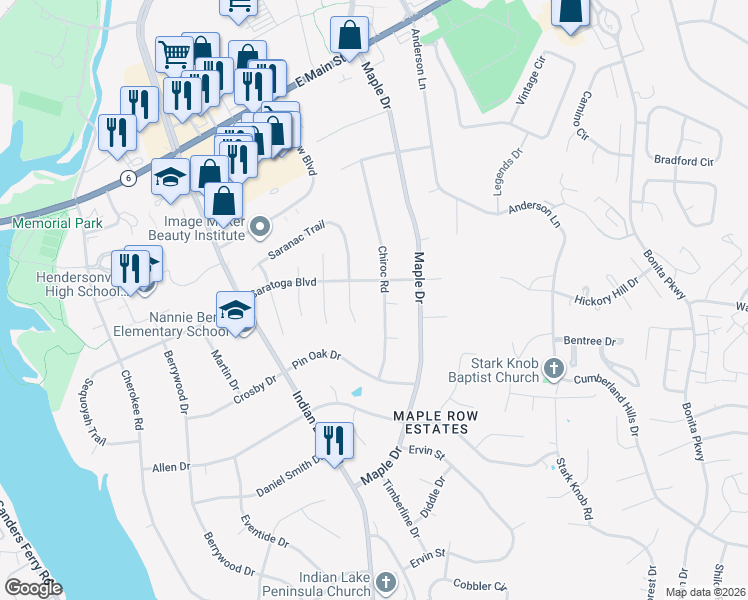 map of restaurants, bars, coffee shops, grocery stores, and more near 128 Chiroc Road in Hendersonville