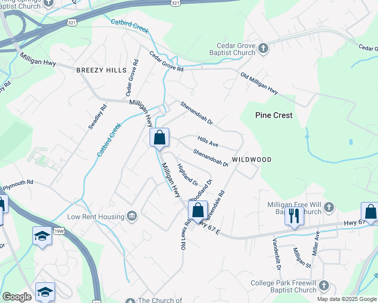 map of restaurants, bars, coffee shops, grocery stores, and more near 146 Shenandoah Drive in Johnson City