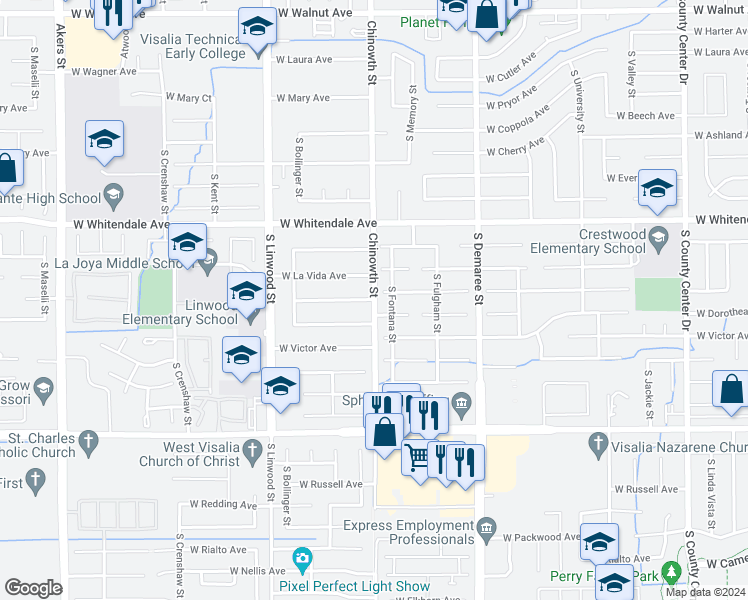 map of restaurants, bars, coffee shops, grocery stores, and more near 4042 West Sunnyside Avenue in Visalia