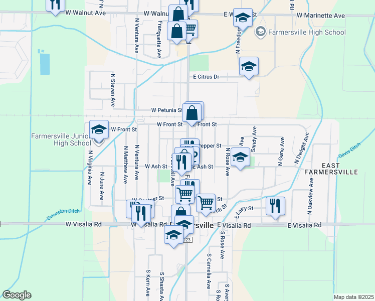 map of restaurants, bars, coffee shops, grocery stores, and more near in Farmersville