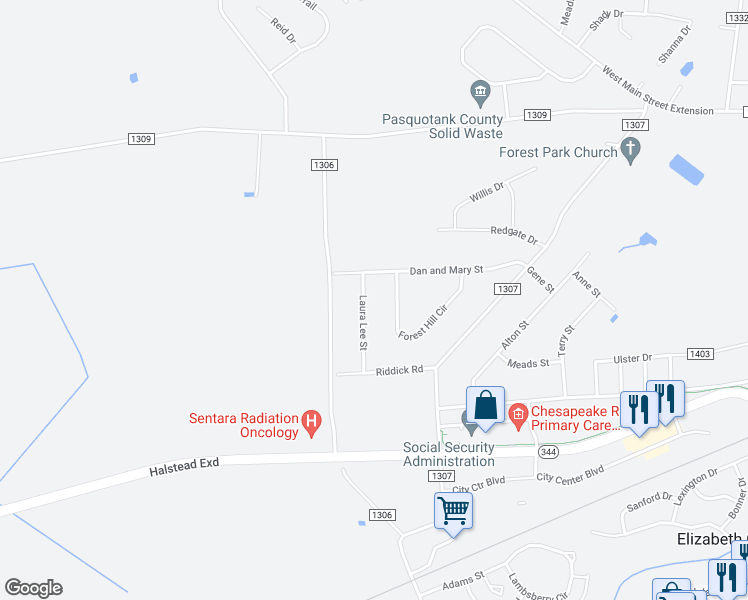 map of restaurants, bars, coffee shops, grocery stores, and more near 604 Laura Lee Street in Elizabeth City