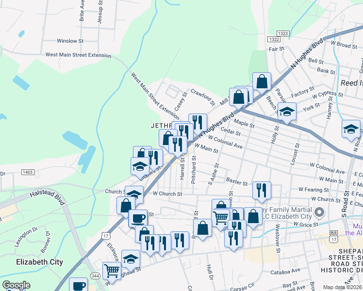 map of restaurants, bars, coffee shops, grocery stores, and more near 109 South Hughes Boulevard in Elizabeth City
