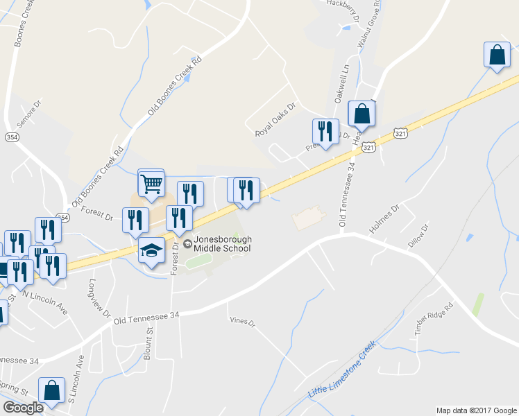 map of restaurants, bars, coffee shops, grocery stores, and more near 1196 East Jackson Boulevard in Jonesborough