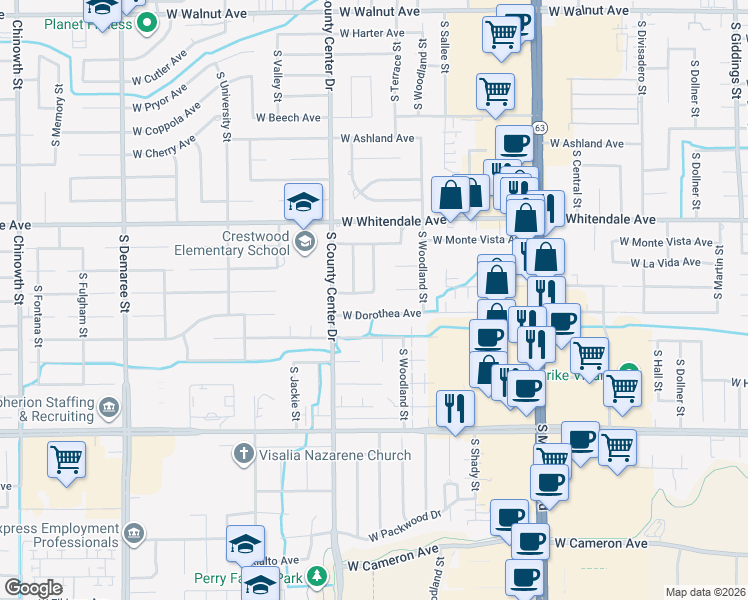 map of restaurants, bars, coffee shops, grocery stores, and more near 2735 West Sunnyside Avenue in Visalia