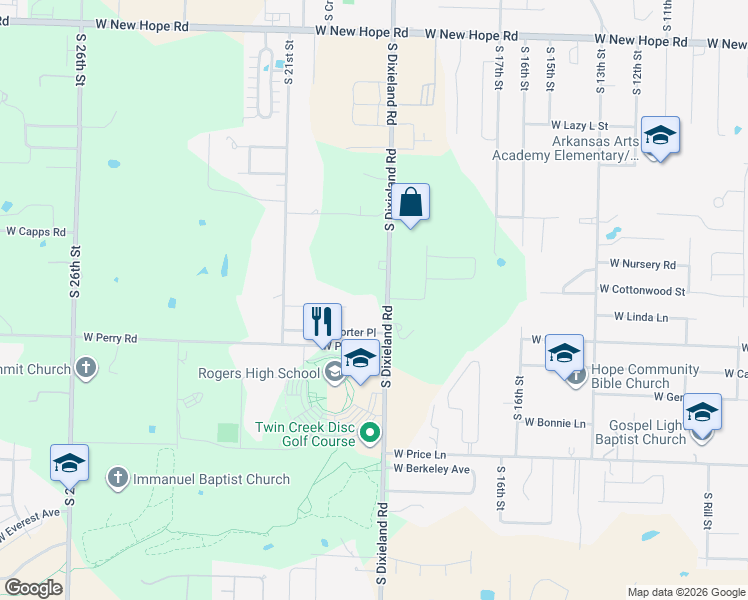 map of restaurants, bars, coffee shops, grocery stores, and more near 2222 South Dixieland Road in Rogers