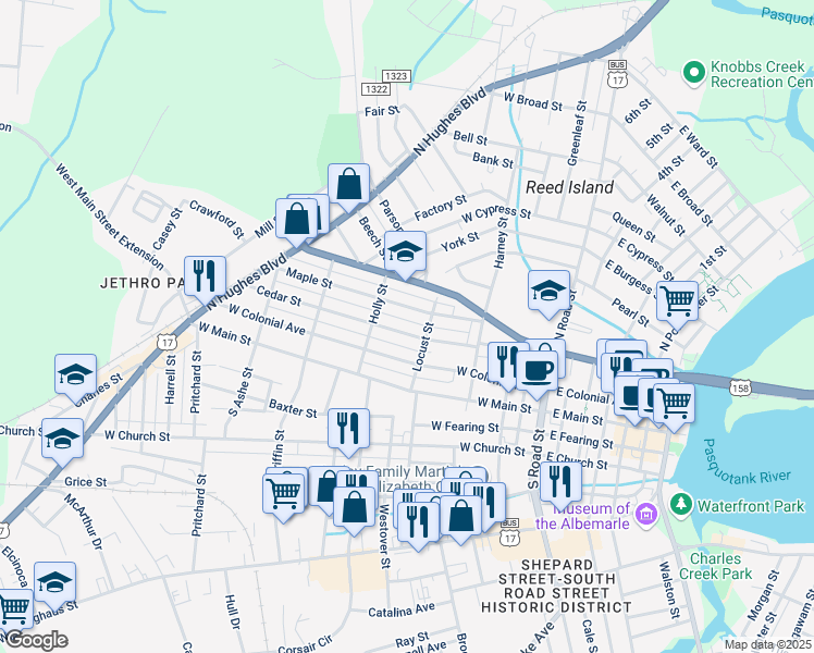 map of restaurants, bars, coffee shops, grocery stores, and more near 508 Cedar Street in Elizabeth City