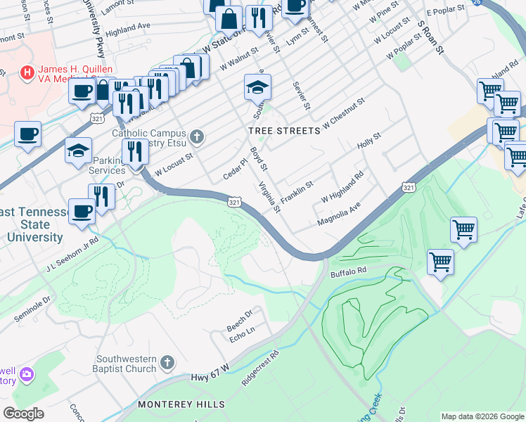 map of restaurants, bars, coffee shops, grocery stores, and more near 708 Franklin St in Johnson City