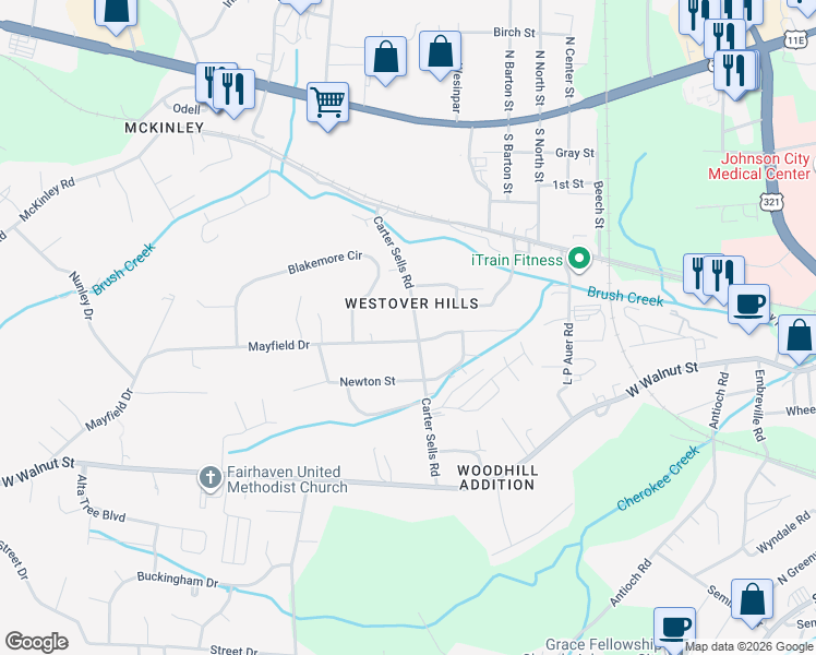 map of restaurants, bars, coffee shops, grocery stores, and more near 310 Carter Sells Road in Johnson City