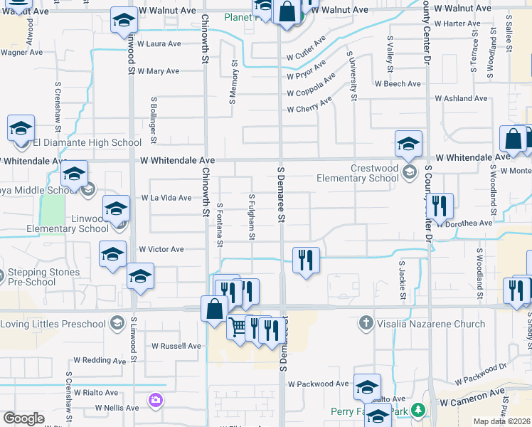 map of restaurants, bars, coffee shops, grocery stores, and more near 3727 West Sunnyside Court in Visalia