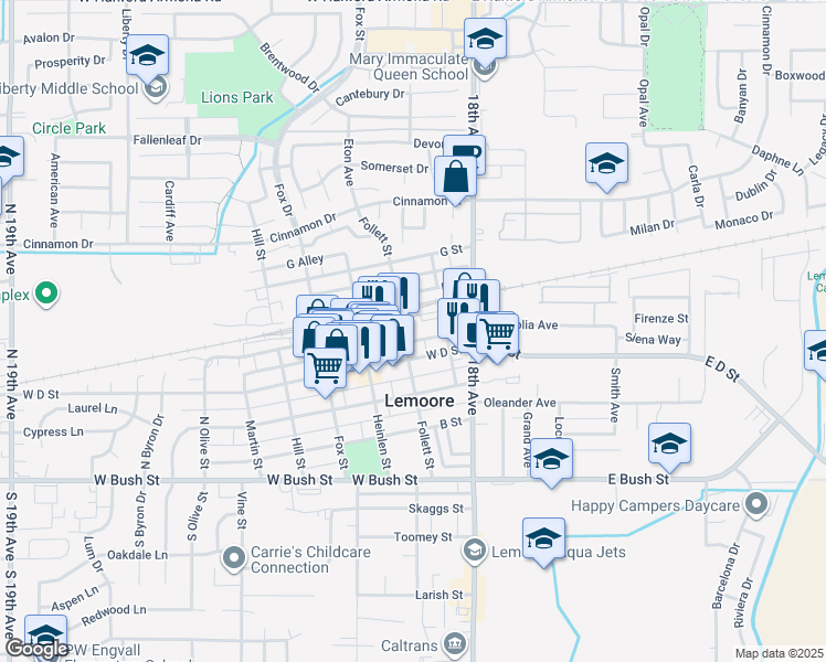 map of restaurants, bars, coffee shops, grocery stores, and more near 113 E St in Lemoore