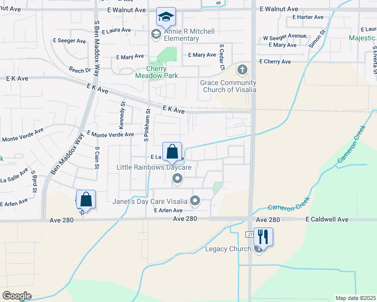 map of restaurants, bars, coffee shops, grocery stores, and more near 3011 South Virmargo Court in Visalia