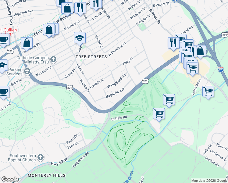 map of restaurants, bars, coffee shops, grocery stores, and more near 506 Magnolia Avenue in Johnson City