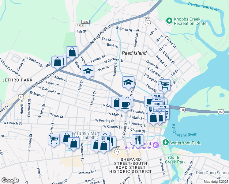 map of restaurants, bars, coffee shops, grocery stores, and more near 200 West Elizabeth Street in Elizabeth City