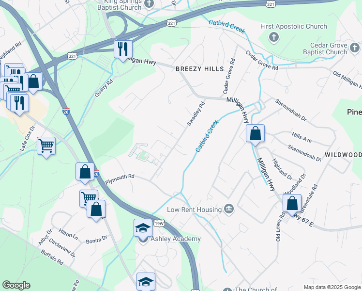 map of restaurants, bars, coffee shops, grocery stores, and more near 610 Swadley Road in Johnson City