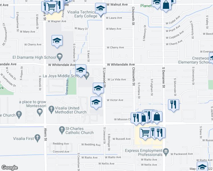 map of restaurants, bars, coffee shops, grocery stores, and more near 3040 South Linwood Street in Visalia