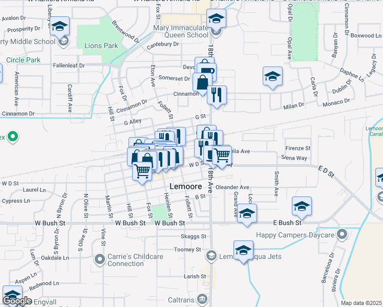 map of restaurants, bars, coffee shops, grocery stores, and more near 113 E Street in Lemoore