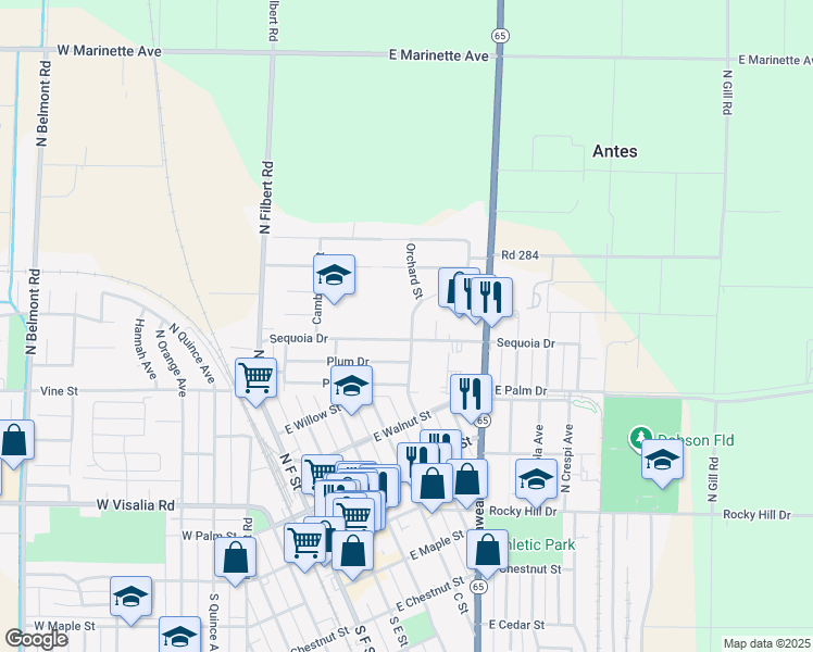 map of restaurants, bars, coffee shops, grocery stores, and more near 802 North B Street in Exeter