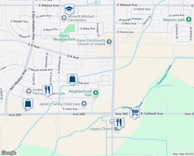 map of restaurants, bars, coffee shops, grocery stores, and more near 3026 S Cedar St in Visalia