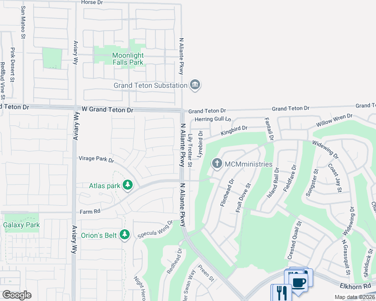 map of restaurants, bars, coffee shops, grocery stores, and more near 7838 Lily Troter Street in North Las Vegas