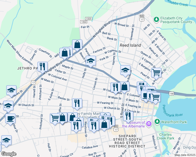 map of restaurants, bars, coffee shops, grocery stores, and more near 508 Cedar Street in Elizabeth City