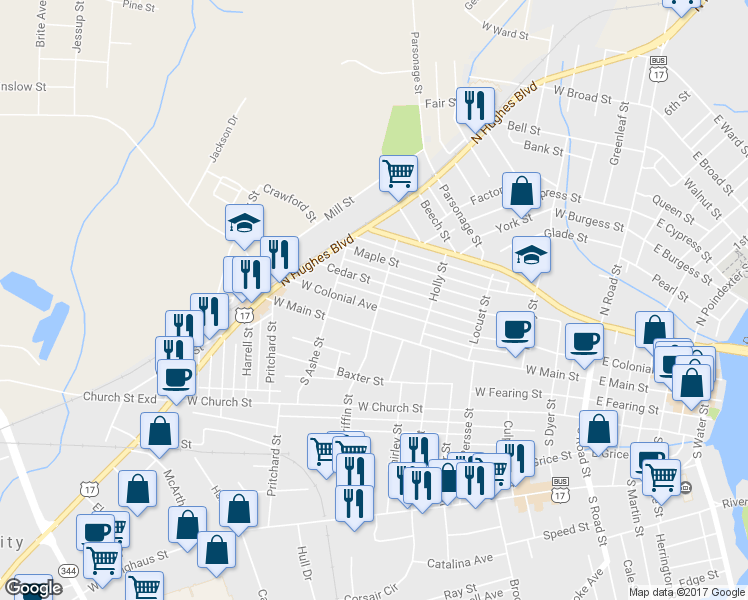 map of restaurants, bars, coffee shops, grocery stores, and more near 1000 West Colonial Avenue in Elizabeth City