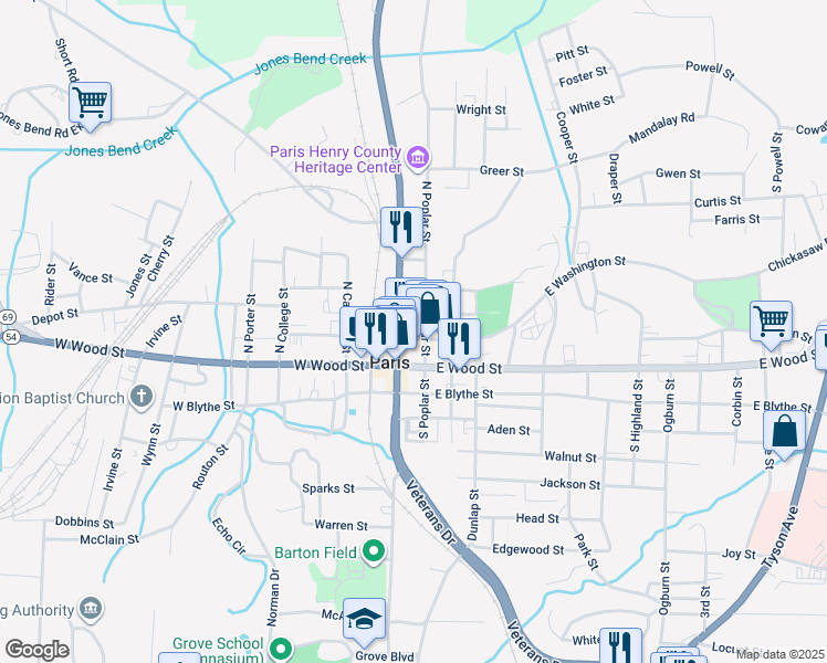 map of restaurants, bars, coffee shops, grocery stores, and more near 114 West Washington Street in Paris