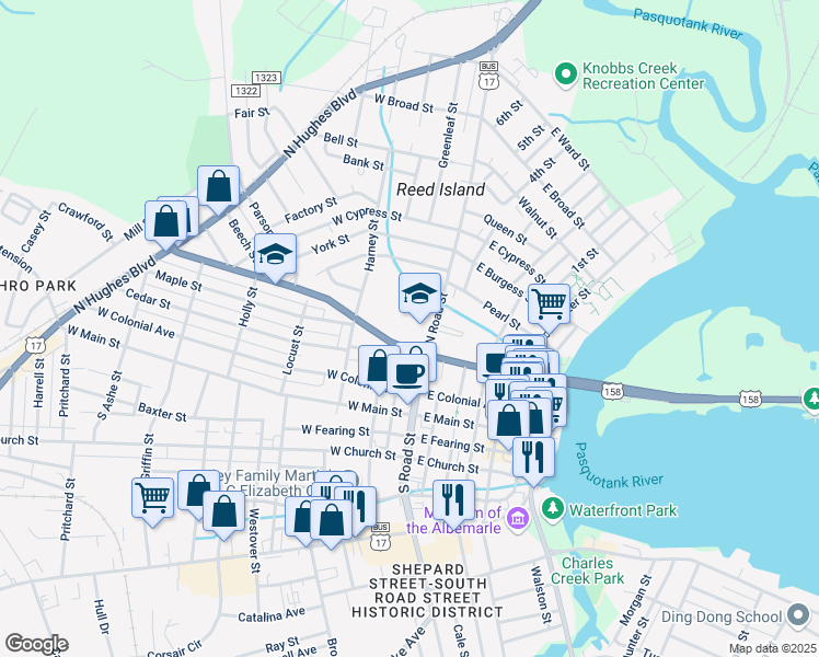 map of restaurants, bars, coffee shops, grocery stores, and more near 200 West Elizabeth Street in Elizabeth City