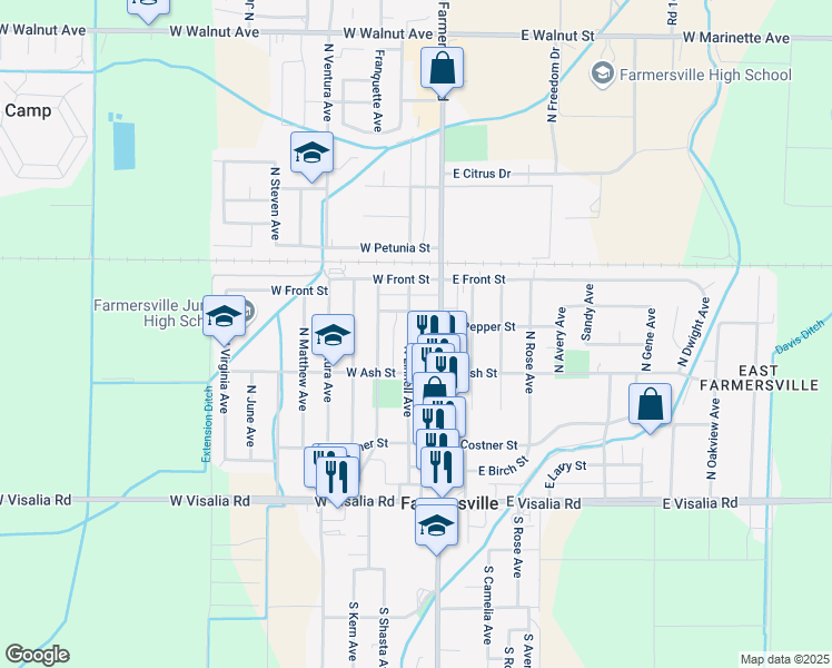 map of restaurants, bars, coffee shops, grocery stores, and more near 666 North Linnell Avenue in Farmersville