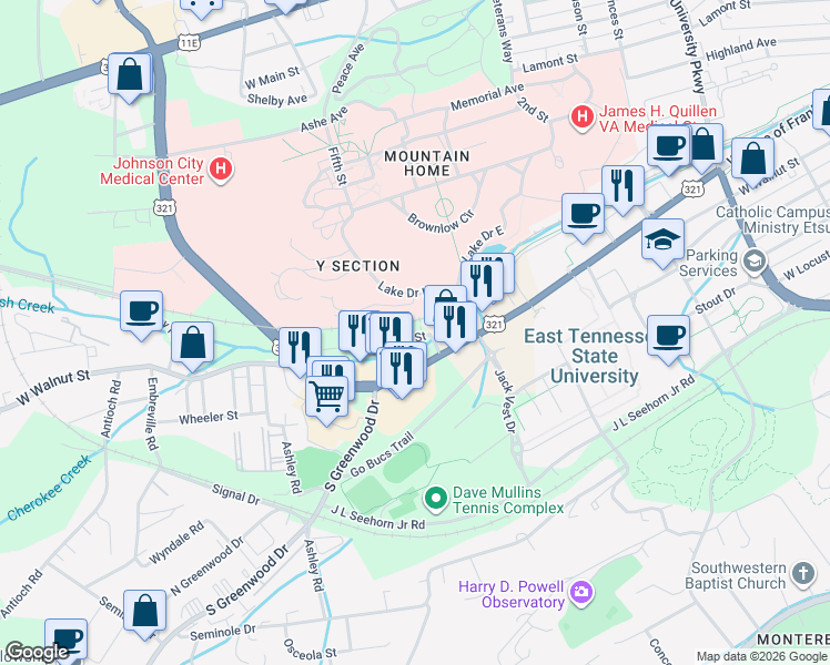 map of restaurants, bars, coffee shops, grocery stores, and more near 1710 Mary Street in Johnson City