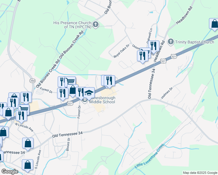 map of restaurants, bars, coffee shops, grocery stores, and more near 1200 U.S. 11E in Jonesborough