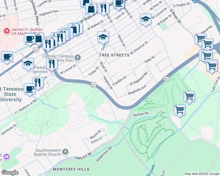 map of restaurants, bars, coffee shops, grocery stores, and more near 708 Franklin Street in Johnson City