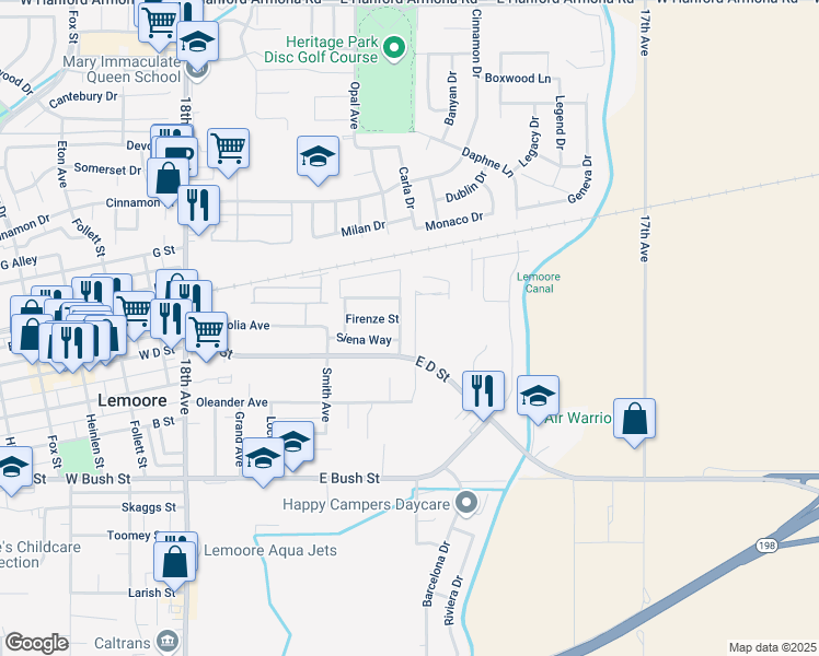map of restaurants, bars, coffee shops, grocery stores, and more near 478 Cantera Avenue in Lemoore