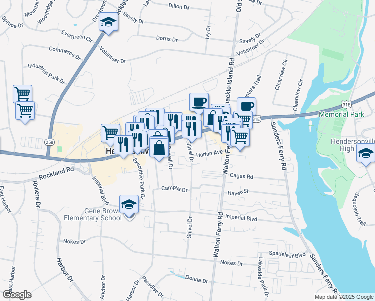 map of restaurants, bars, coffee shops, grocery stores, and more near 116 Shivel Drive in Hendersonville