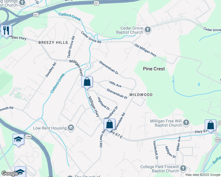 map of restaurants, bars, coffee shops, grocery stores, and more near 155 Shenandoah Drive in Johnson City