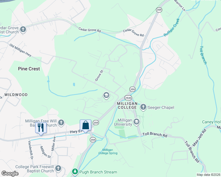 map of restaurants, bars, coffee shops, grocery stores, and more near 132 Old Milligan Highway in Johnson City
