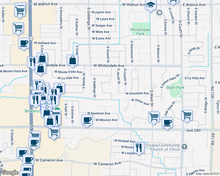 map of restaurants, bars, coffee shops, grocery stores, and more near 3037 South Vintage Street in Visalia