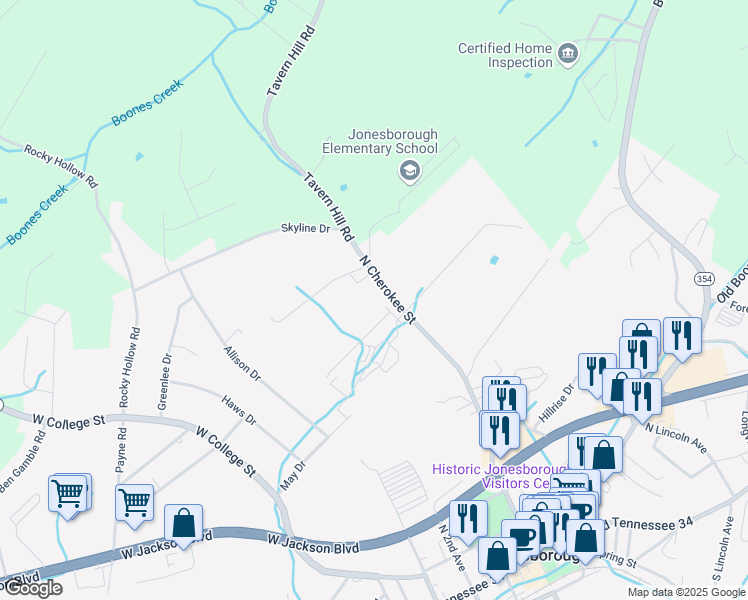map of restaurants, bars, coffee shops, grocery stores, and more near 679 North Cherokee Street in Jonesborough