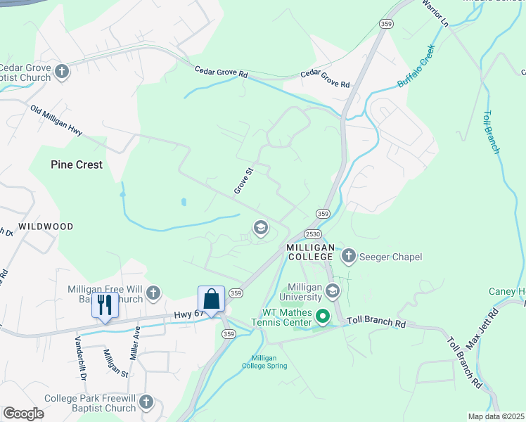 map of restaurants, bars, coffee shops, grocery stores, and more near 136 Old Milligan Highway in Johnson City