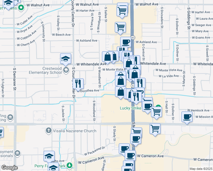 map of restaurants, bars, coffee shops, grocery stores, and more near 2417 West Sunnyside Avenue in Visalia