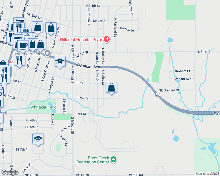 map of restaurants, bars, coffee shops, grocery stores, and more near 107 South Bailey Street in Pryor