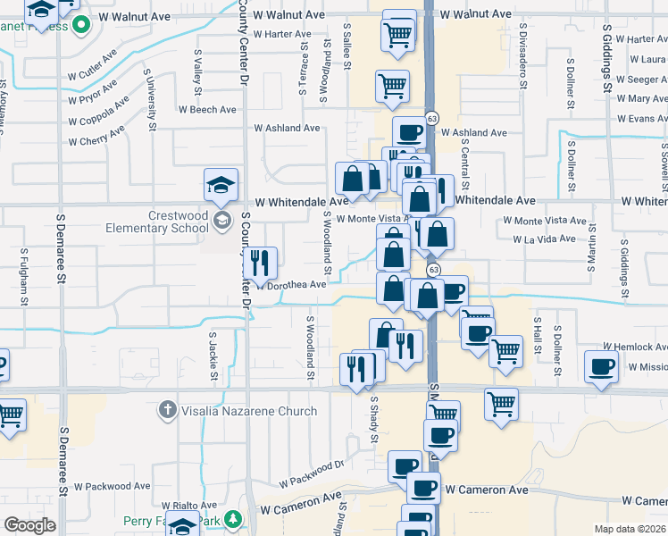 map of restaurants, bars, coffee shops, grocery stores, and more near 3040 South Woodland Street in Visalia