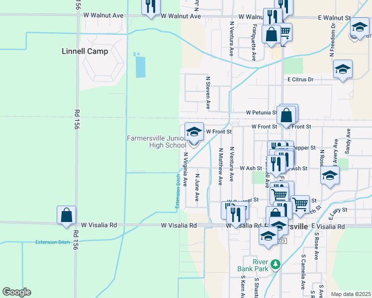 map of restaurants, bars, coffee shops, grocery stores, and more near 650 North Virginia Avenue in Farmersville