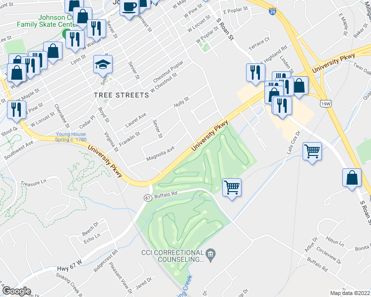 map of restaurants, bars, coffee shops, grocery stores, and more near 408 University Parkway in Johnson City