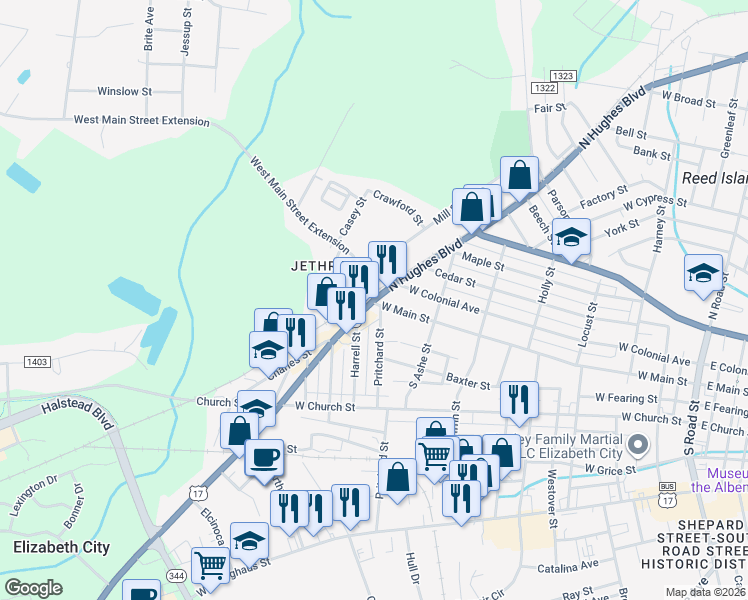 map of restaurants, bars, coffee shops, grocery stores, and more near U.S. 17 in Elizabeth City