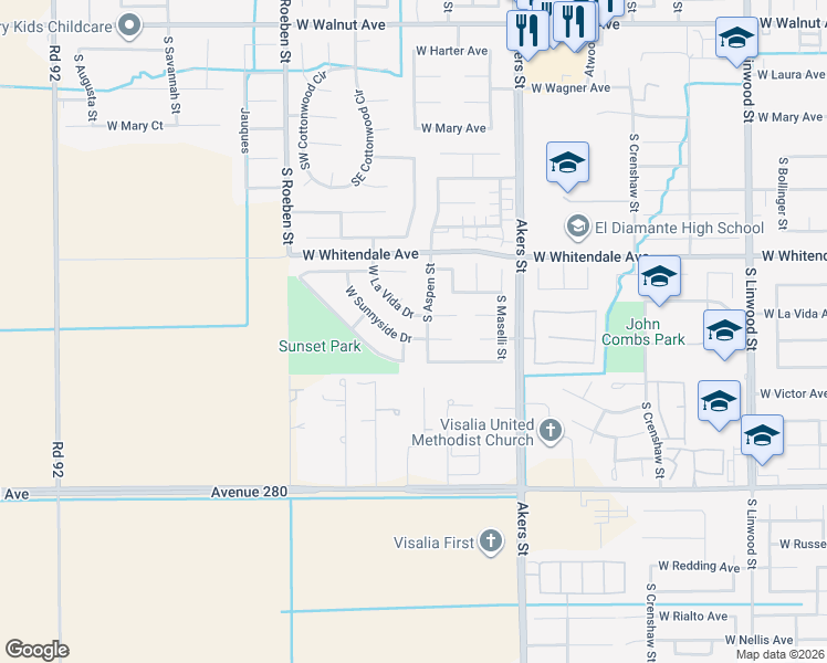 map of restaurants, bars, coffee shops, grocery stores, and more near 5626 West Sunnyside Drive in Visalia