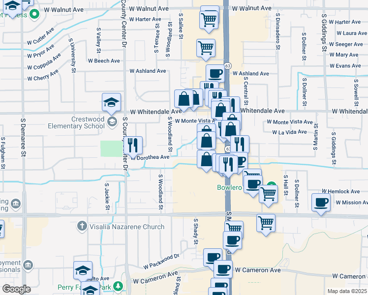 map of restaurants, bars, coffee shops, grocery stores, and more near 2409 West Sunnyside Avenue in Visalia