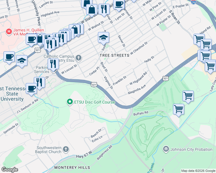 map of restaurants, bars, coffee shops, grocery stores, and more near 708 Franklin Street in Johnson City