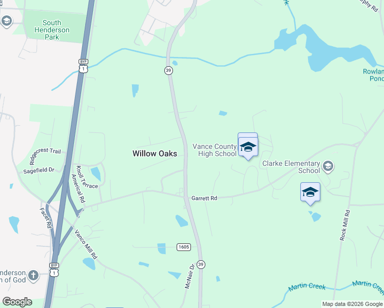 map of restaurants, bars, coffee shops, grocery stores, and more near 2697 North Carolina 39 in Henderson