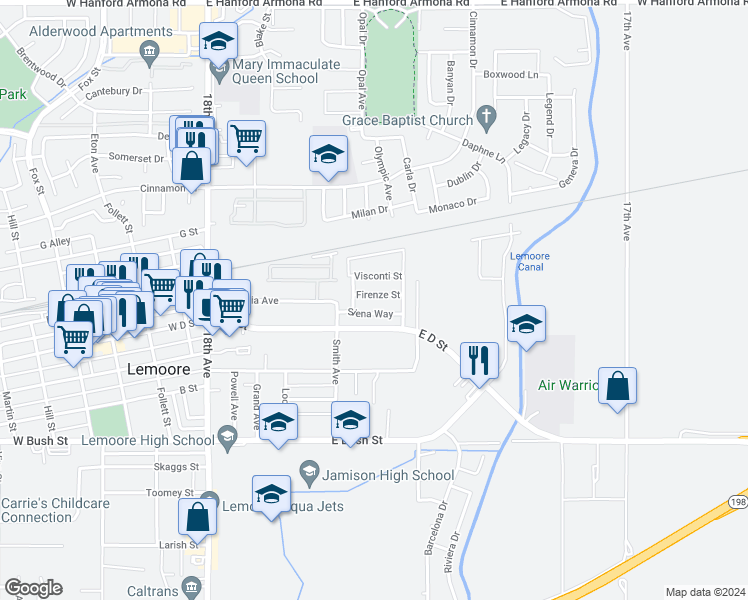 map of restaurants, bars, coffee shops, grocery stores, and more near 607 Firenze Street in Lemoore