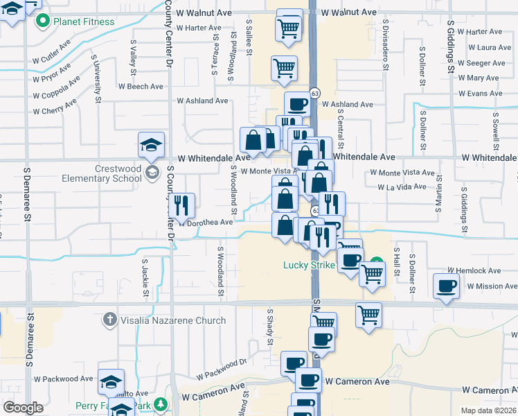 map of restaurants, bars, coffee shops, grocery stores, and more near 2409 West Sunnyside Avenue in Visalia